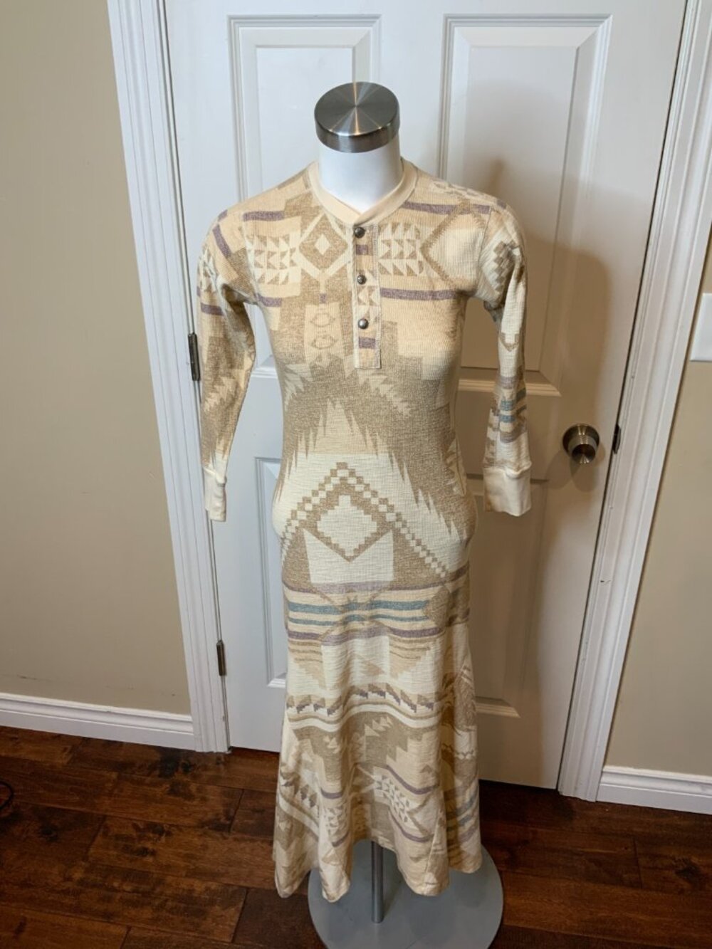 POLO Ralph Lauren Tan Southwest Geometric Waffle Knit Henley Maxi Dress, Size S